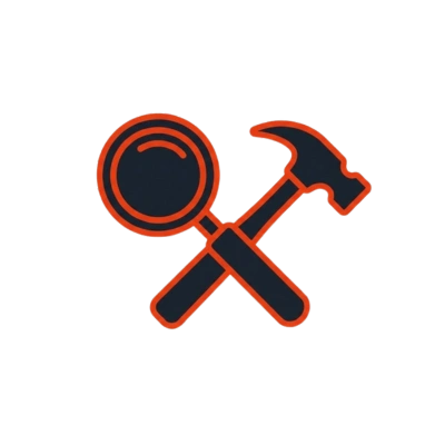 Icon für praktische Erfahrung ohne Theorie mit Lupe und Werkzeug