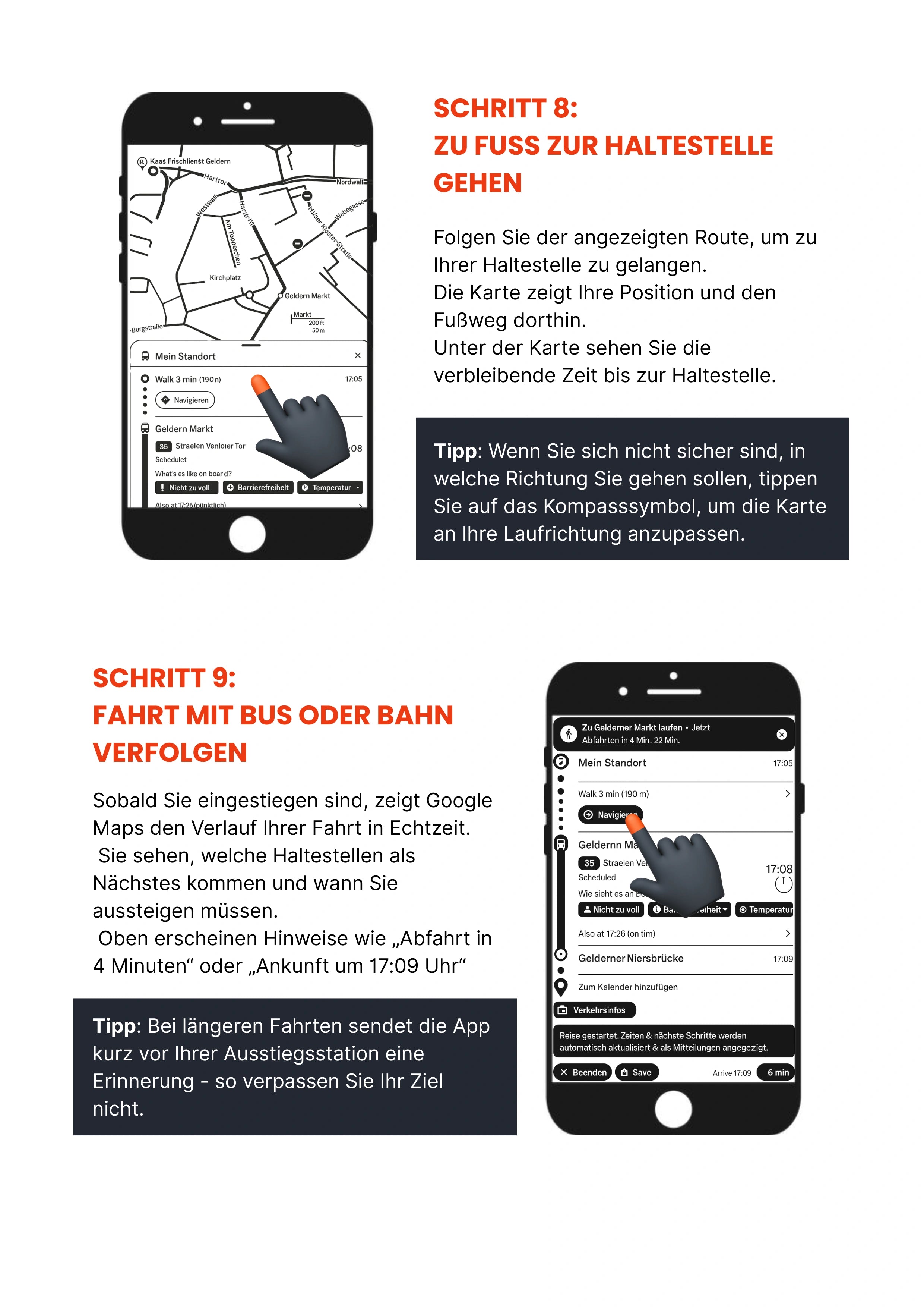 Google Maps Schritt 8 – zu Fuß zur Haltestelle gehen, Karte und Route