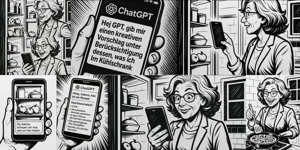 Seniorin nutzt ChatGPT in der Küche für Rezeptvorschläge und Alltagshilfe