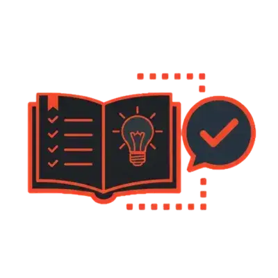 Icon für Lernen und Hobbys mit Buch, Idee und Häkchen