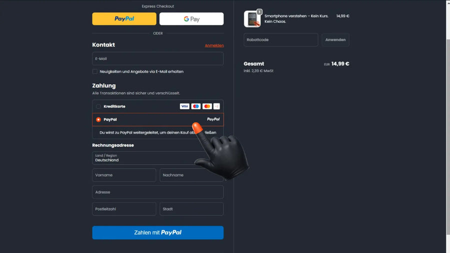 Checkout-Seite nach dem Warenkorb